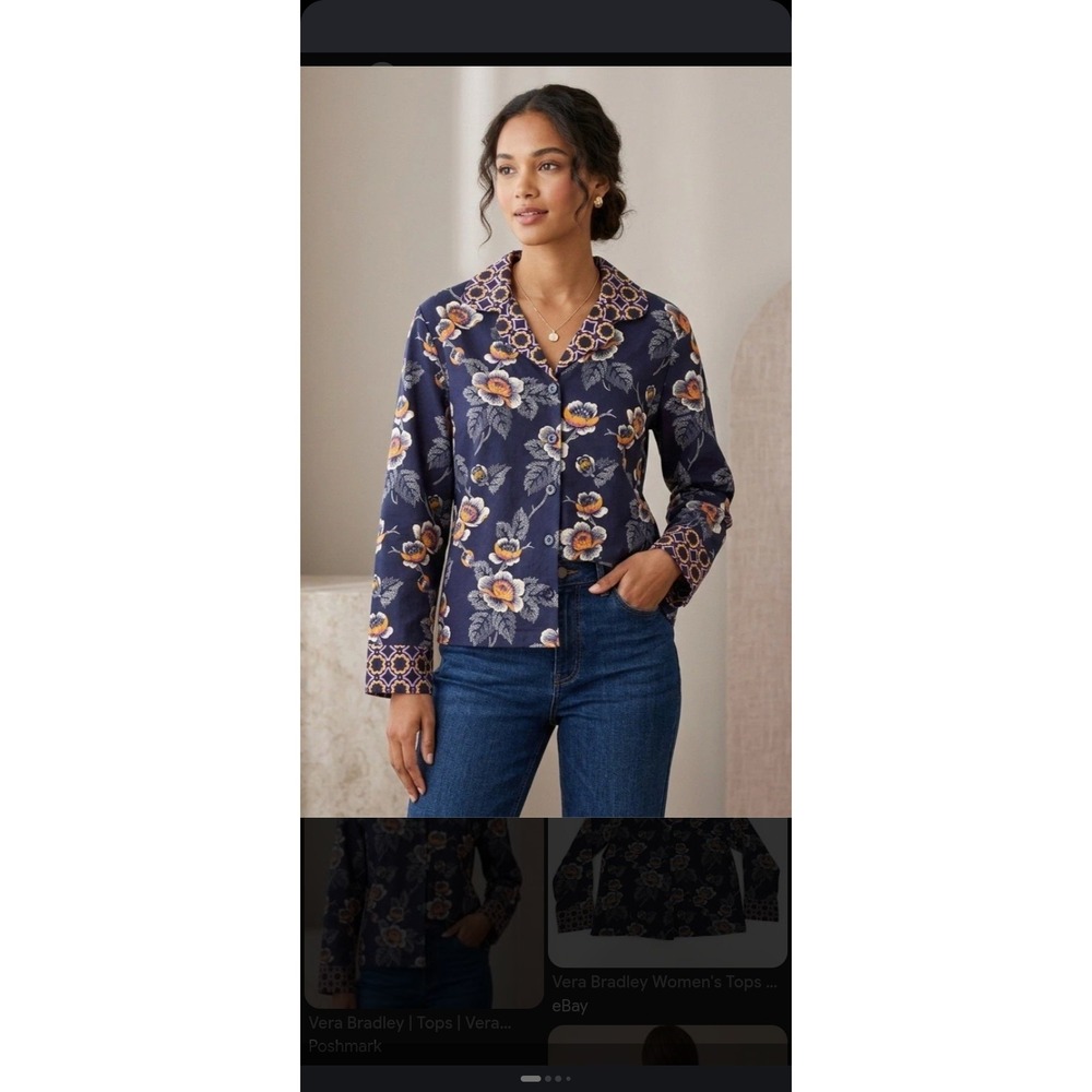 Vera Bradley Women's M Floral Paisley Button Front Blouse Navy Blue Cotton NWT